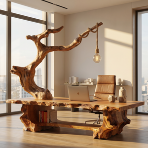 Solid Wood Sculptural Desk With Integrated Hanging Lamp Organic Modern Artistic Workspace Table