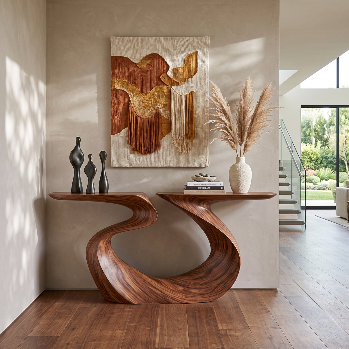 Artistic Solid Wood Console Table with Ribbon Curves and Split Top