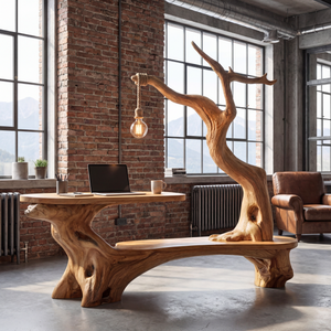Sculptural Solid Wood Desk with Hanging Light Tree Inspired Writing Table Organic Modern Workspace