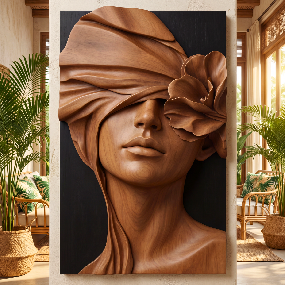 Soft Veil Bloom Wooden Relief Portrait Sculpture Wall Art
