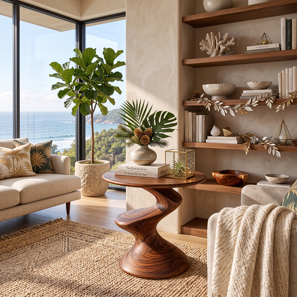 Sculptural Solid Wood Side Table with Twisted S Curve Pedestal Base
