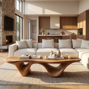 Coffee Table Solid Wood with Triple Hollow Sculptural Base for Living Room