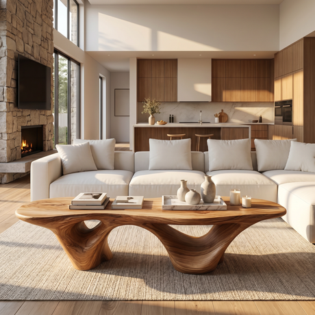Coffee Table Solid Wood with Triple Hollow Sculptural Base for Living Room