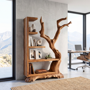 Tall Solid Wood Bookshelf with Sculptural Tree Form Organic Modern Display Shelf