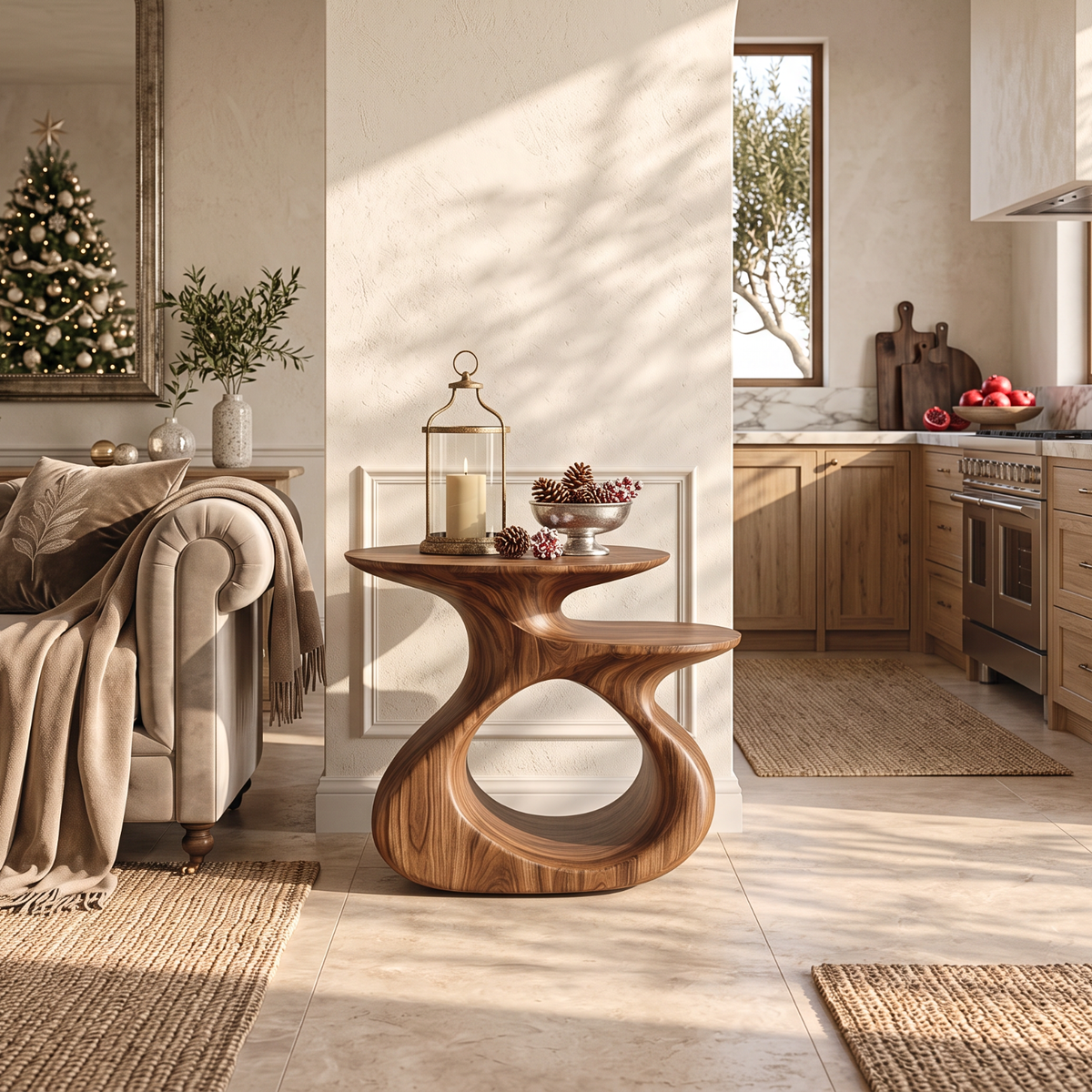 Sculptural Solid Wood Side Table with Open Loop Base and Offset Shelf