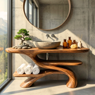 Handcrafted Solid Wood Bathroom Vanity with Sculptural Open Shelf