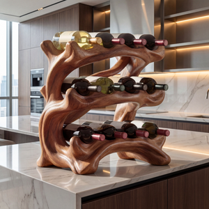 Organic Flow Solid Wood Wine Rack Sculptural Multi Tier Bottle Holder for Tabletop Display