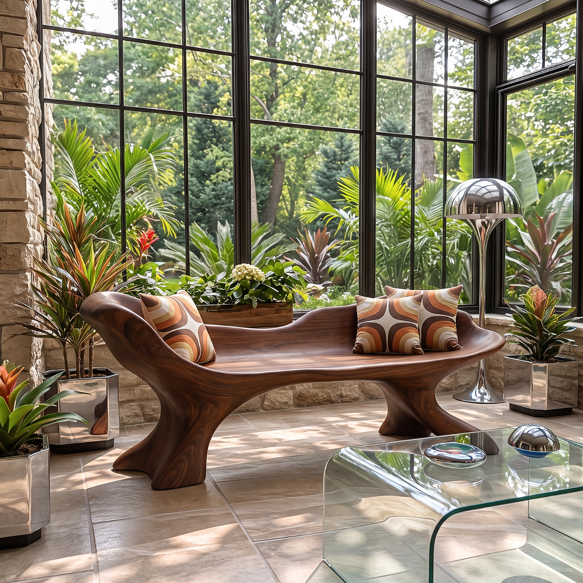 Curved Solid Wood Outdoor Bench with Sculptural Wing Backrest