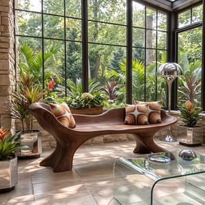 Curved Solid Wood Outdoor Bench with Sculptural Wing Backrest