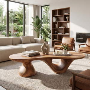 Solid Wood Coffee Table with Dual Sculptural Hollow Base