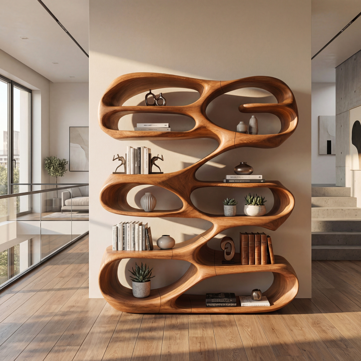 Freeform Wave Wood Bookcase with Open Sculptural Shelves