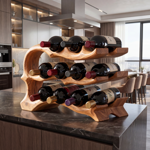 Solid Wood Wine Rack Sculptural Open Frame Bottle Holder Multi Tier Bar Display