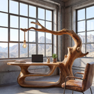 Sculptural Solid Wood Desk with Integrated Hanging Lamp, Organic Writing Table, Artistic Reading Nook Desk