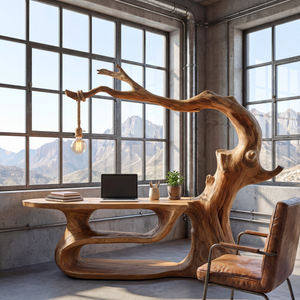 Sculptural Solid Wood Desk with Integrated Hanging Lamp, Organic Writing Table, Artistic Reading Nook Desk