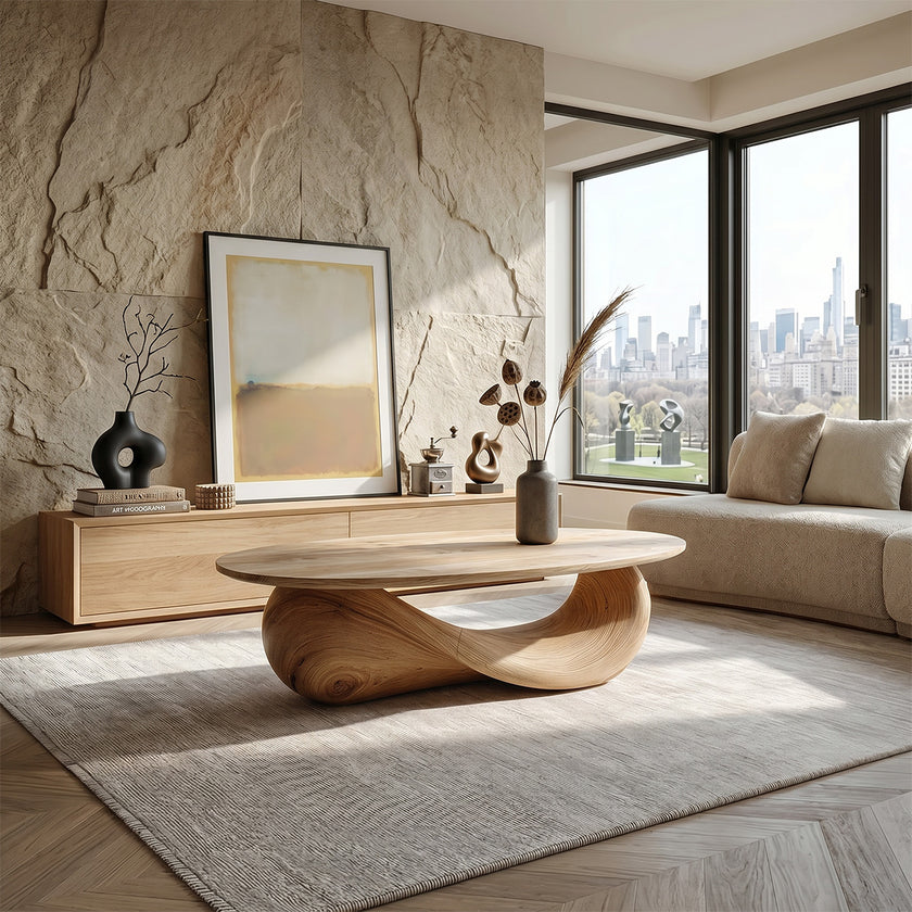 Organic Solid Wood Coffee Table Sculpted Loop Base