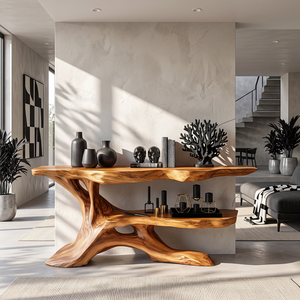 Handcrafted Live Edge Console Table with Sculptural Branch Base and Display Shelf
