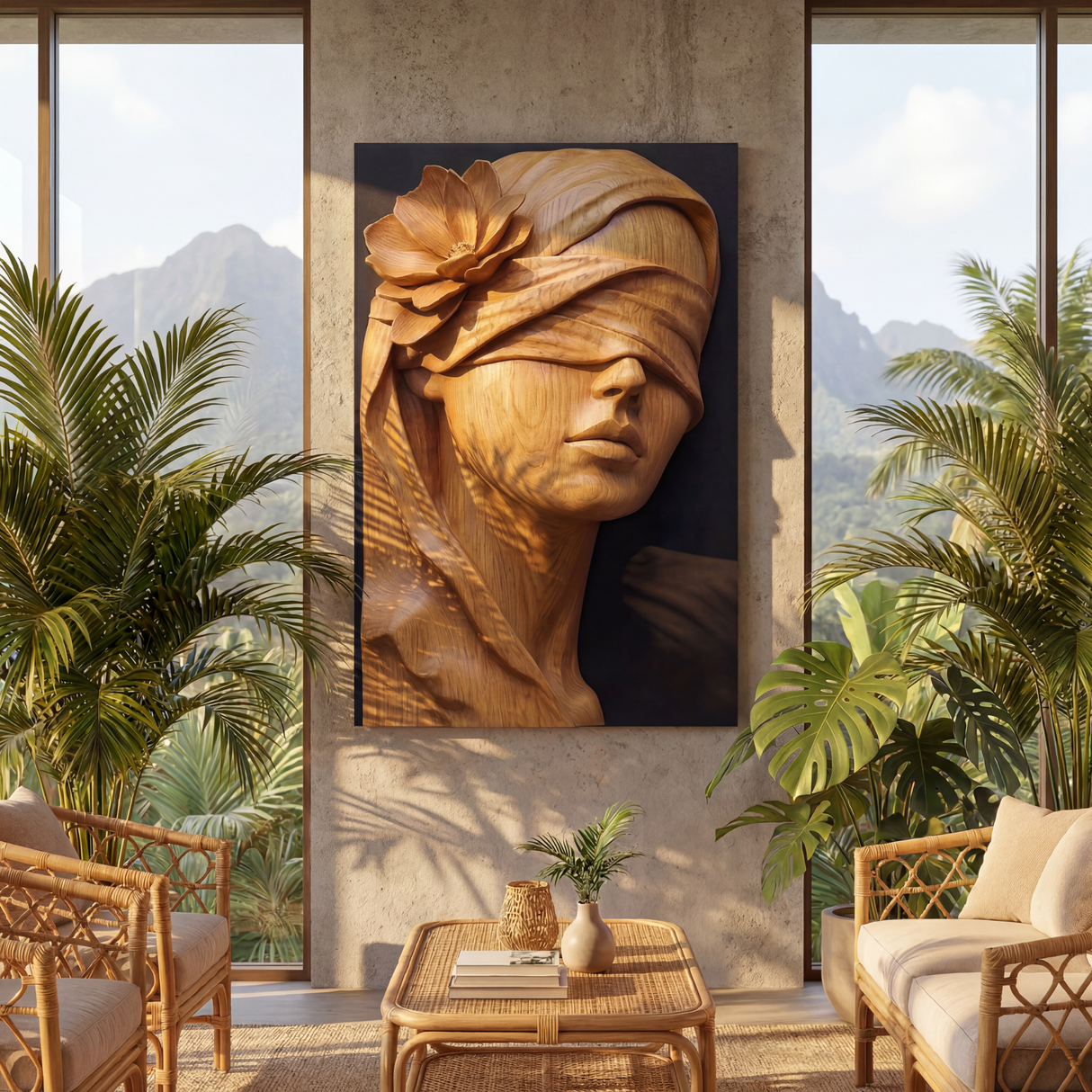 Golden Veil Bloom Wooden Relief Portrait Sculpture Wall Art