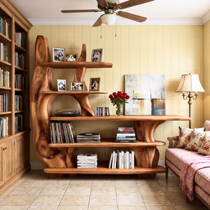 Organic Sculptural Solid Wood Console Table with Multi Tier Display Shelves Artistic Freeform Entryway Table