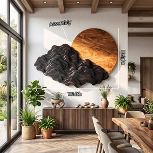 Sculptural Wall Art with Black Mountain Layers and Oversized Natural Wood Sun
