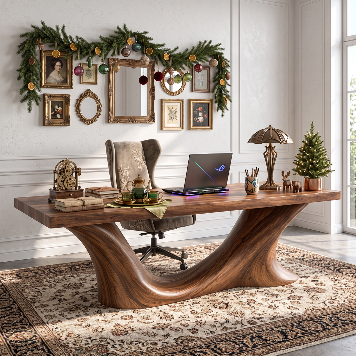 Handcrafted Solid Wood Executive Desk with Sculptural Wave Base