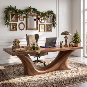 Handcrafted Solid Wood Executive Desk with Sculptural Wave Base