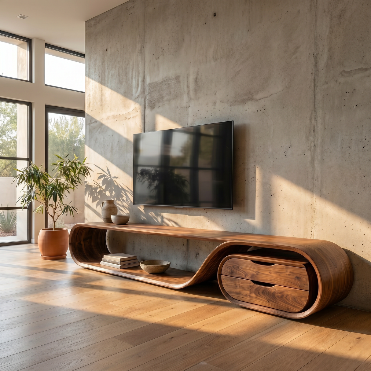Flowing Organic Solid Wood TV Console with Oval Drawer Cabinet