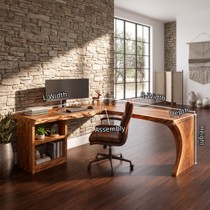 Organic L-Shaped Solid Wood Desk With Open Shelf For Home Office
