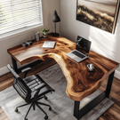 Live Edge L Shaped Solid Wood Desk with Metal Legs