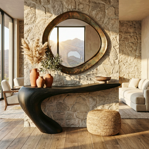 Handcrafted Solid Wood Sculptural Console Table with Curved Waterfall Base