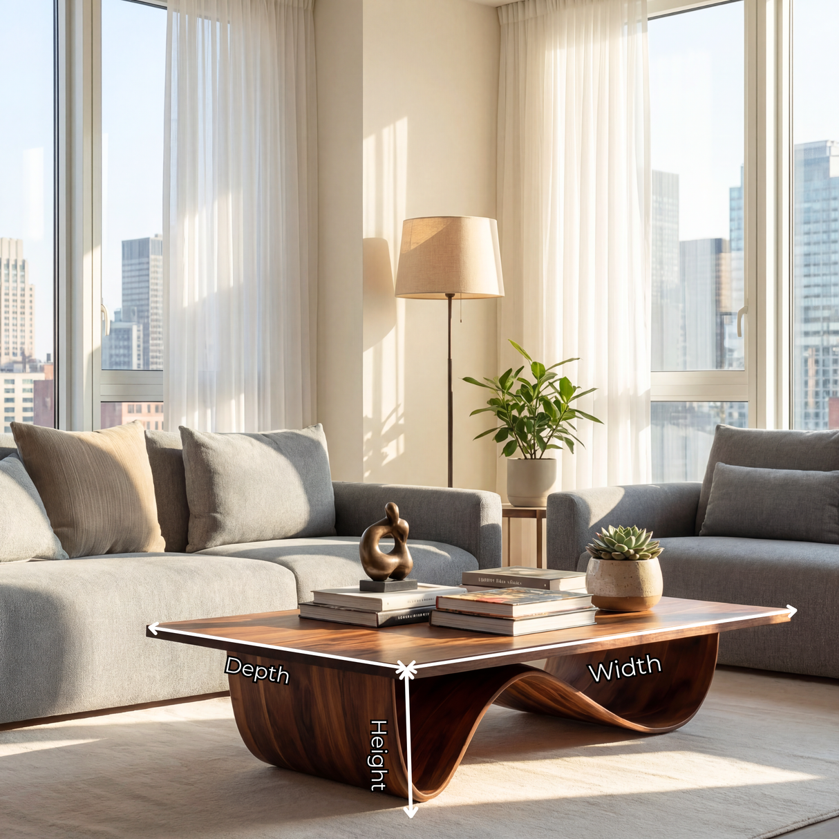 Sculptural Solid Wood Coffee Table with Curved Base
