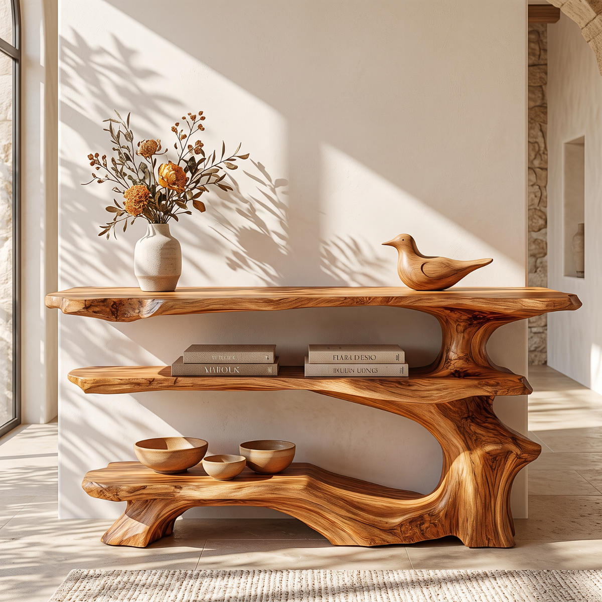Organic Solid Wood Console Table with Three Tier Sculptural Shelves