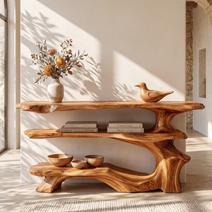 Organic Solid Wood Console Table with Three Tier Sculptural Shelves