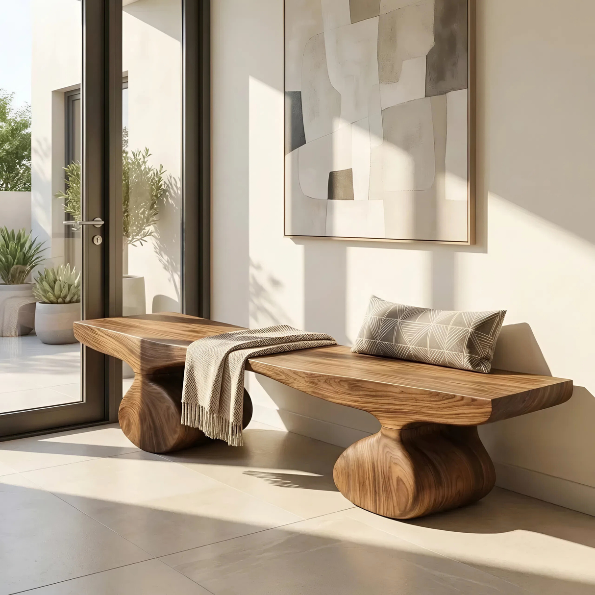 Organic Wood Bench with Sculptural Rounded Pedestal Base for Modern Interiors