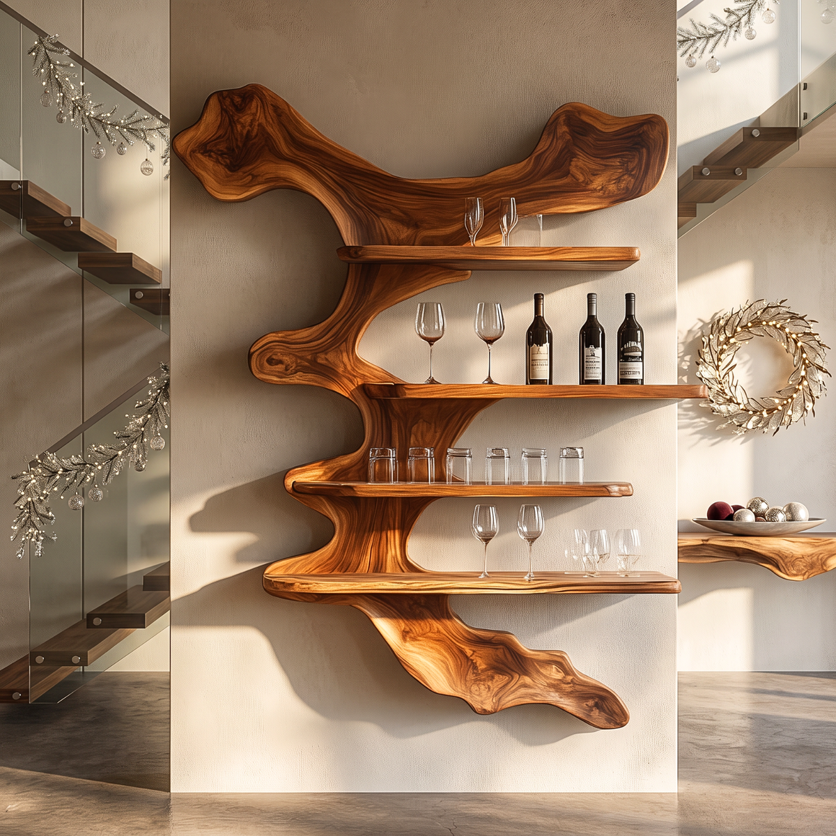 Wall Mounted Solid Wood Wine Rack with Sculptural Tree Form Shelves