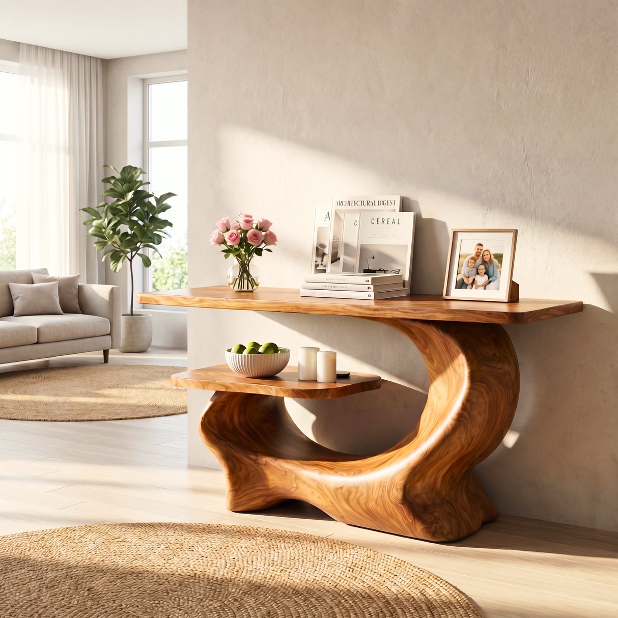 Organic Wooden Console Table Handmade Sculptural Entryway Shelf
