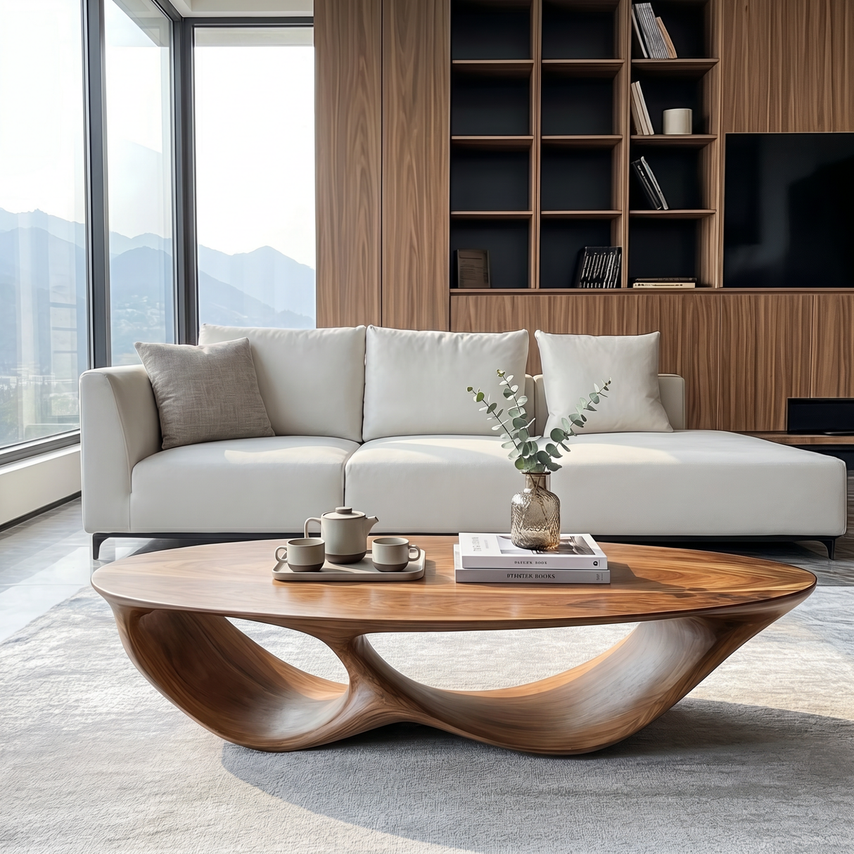 Solid Wood Coffee Table with Double Curved Hollow Base for Living Room