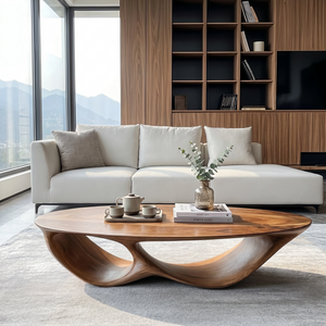 Solid Wood Coffee Table with Double Curved Hollow Base for Living Room