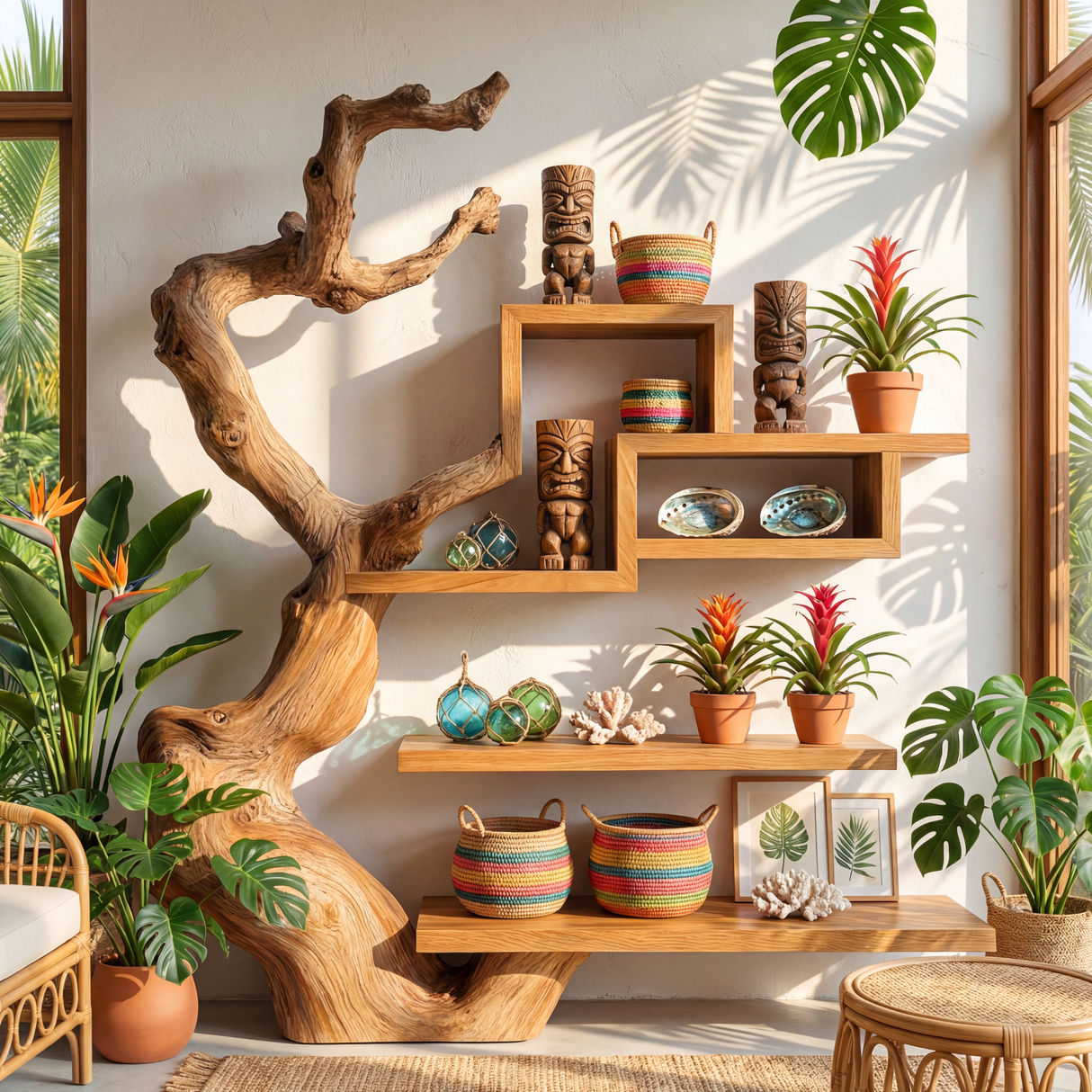 Organic Solid Wood Wall Bookshelf with Sculptural Tree Form Display Shelf