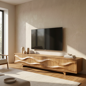 Solid Wood TV Console with Flowing Wave Carved Doors
