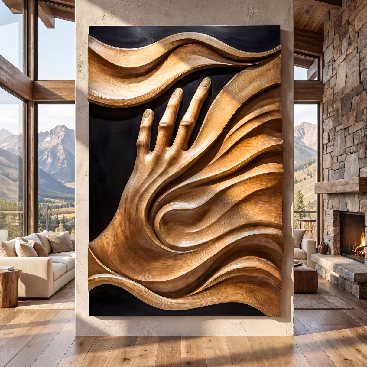 3D Flowing Wave Hand Sculpture Wall Art Solid Wood Handcrafted Decor