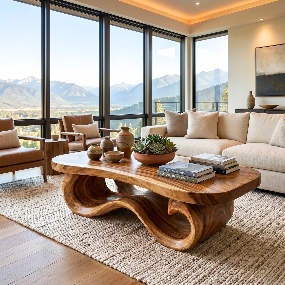 Modern Solid Wood Coffee Table with Sculptural Wave Base and Rounded Top