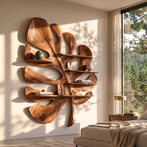 Solid Wood Tropical Leaf Wall Sculpture with Integrated Display Shelves for Living Room Decor