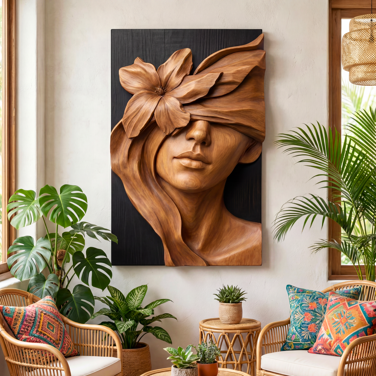 Bloom Veil Wooden Relief Portrait Sculpture Wall Art