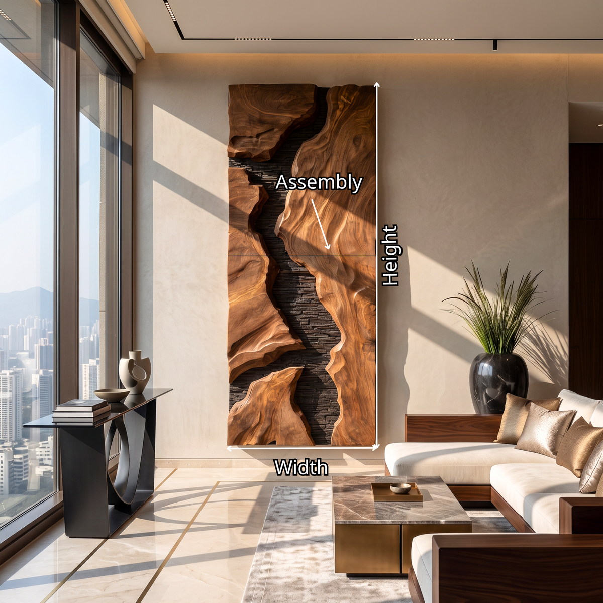 Natural Solid Wood Wall Art with Sculpted Gorge Forms and Black Stone Texture
