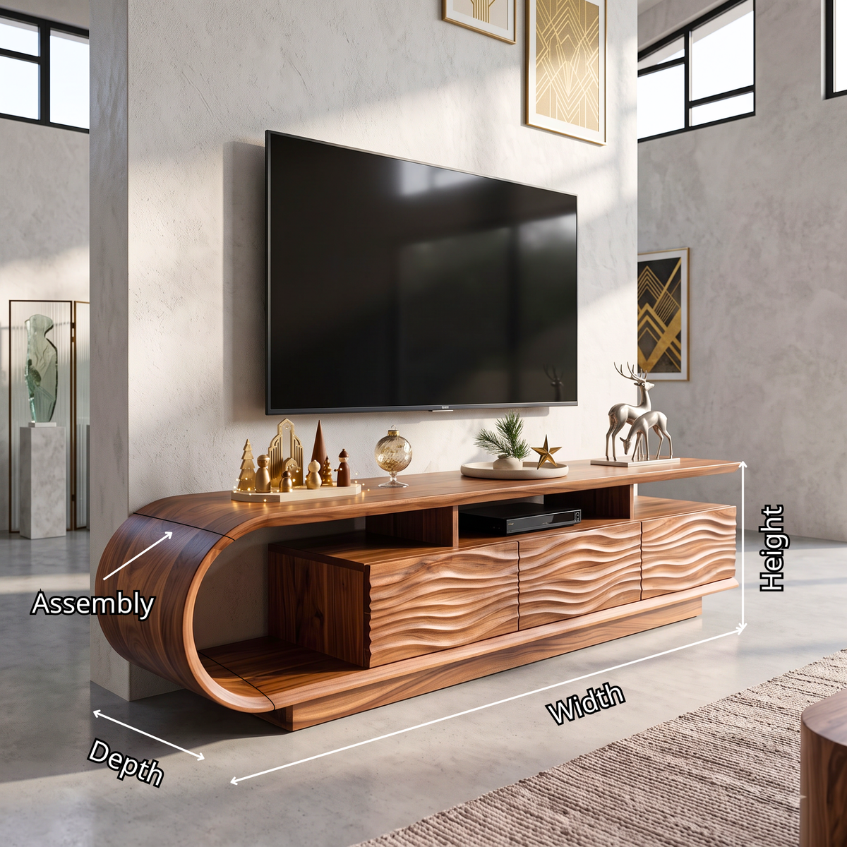 TV Stand with Curved Waterfall Side and Carved Wave Storage Cabinet