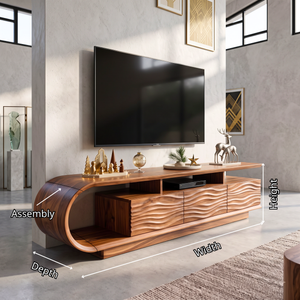 TV Stand with Curved Waterfall Side and Carved Wave Storage Cabinet