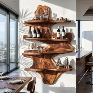 Cascading Solid Wood Wall Wine Rack with Four Sculptural Display Shelves