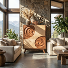 Solid Wood Sculptural Cabinet with Spiral Carved Relief Doors for Modern Interiors