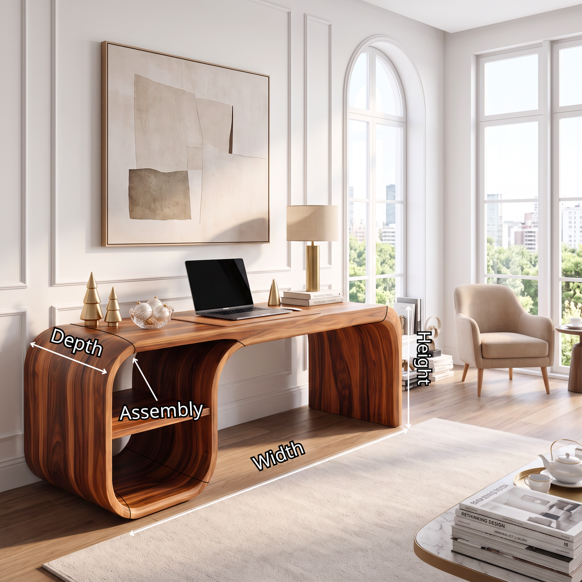 Sculptural Curved Solid Wood Desk With Open Shelf For Home Office