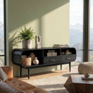 Curved Wood TV Cabinet with Drawers and Open Shelving, Mid Century Modern Media Console for Organic Modern Living Rooms